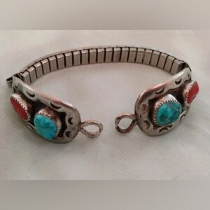 Vintage Native American Sterling  Turquoise & Coral Watchband